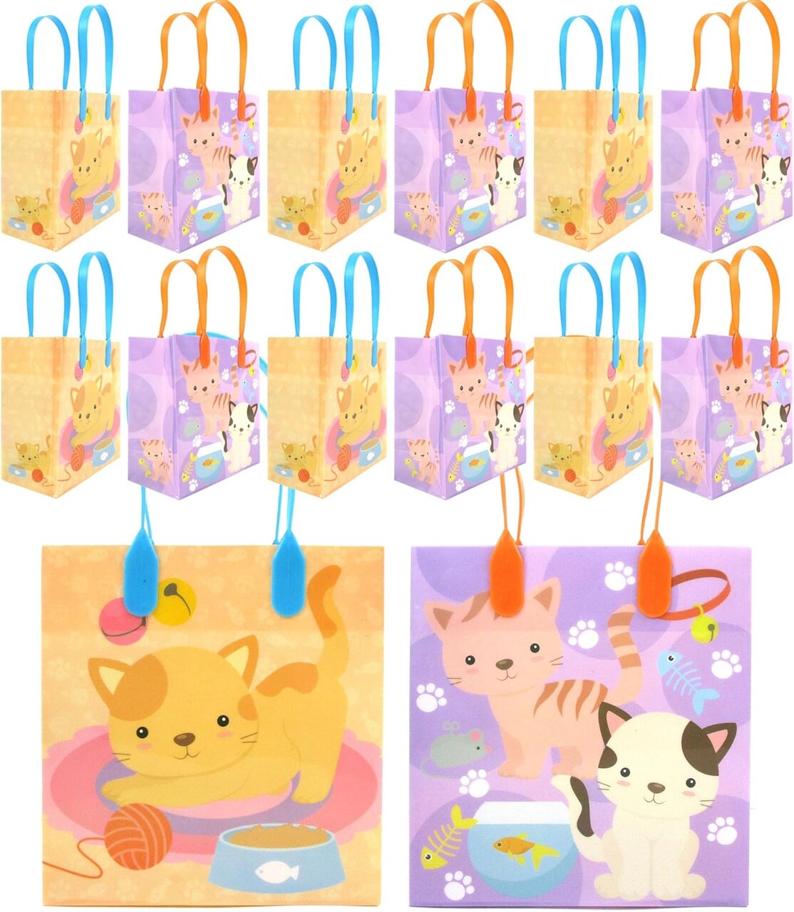 TINYMILLS Cats and Kittens Party Favor Bags Cat and Kitten Goody Bags with Handles for Cat and Kitten Theme Birthday Party Pack of 12